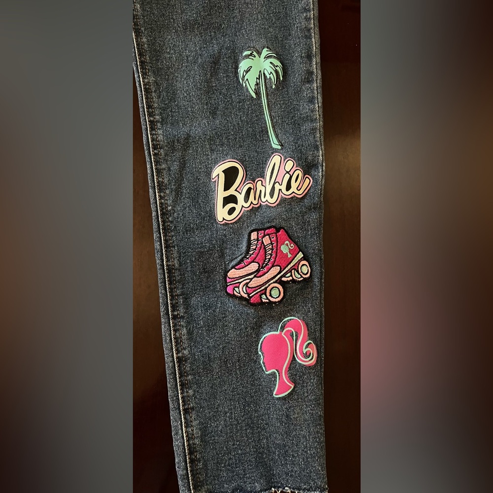 Barbie Graphic girls blue jeans size 14 patches frayed ankle - Picture 5 of 9